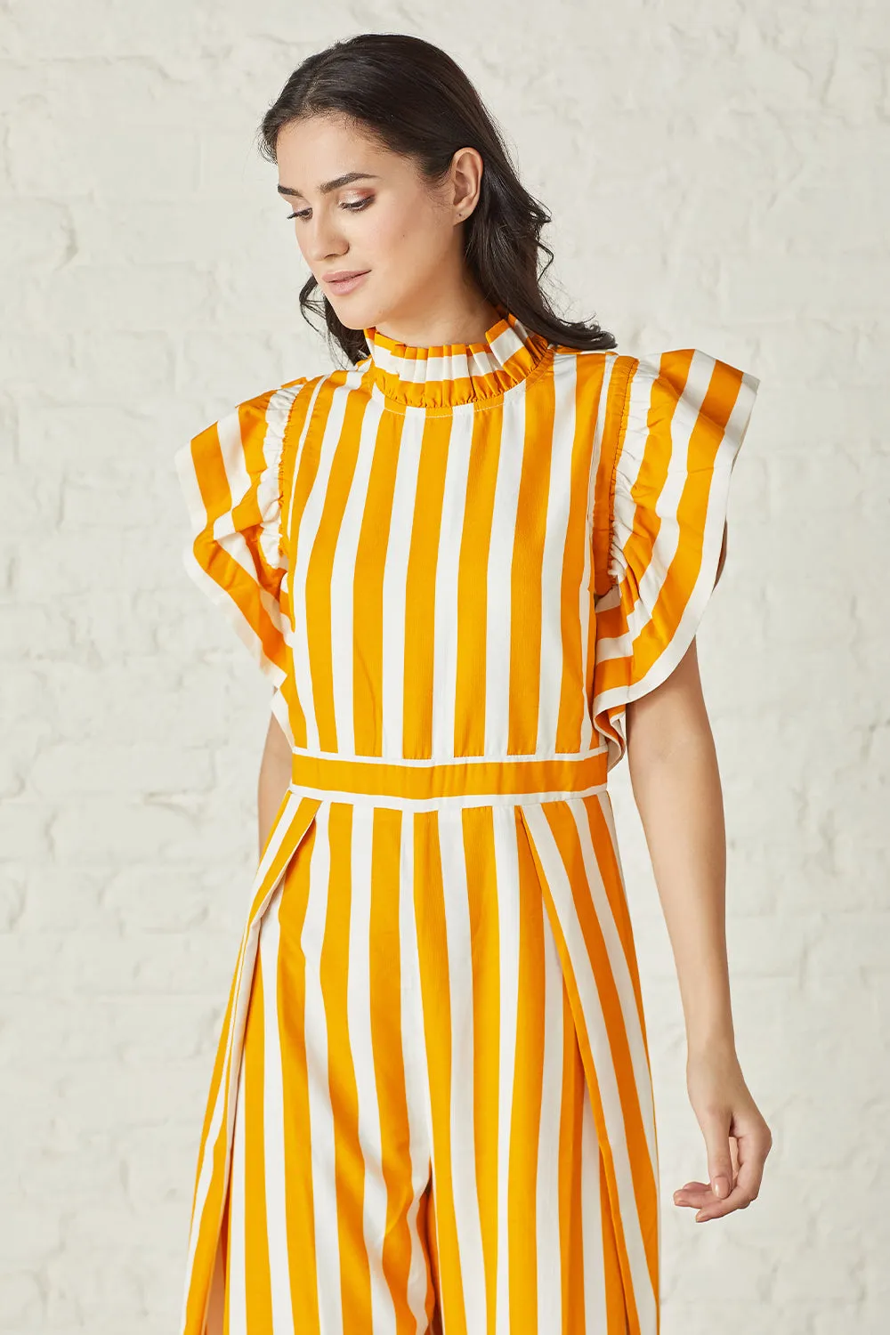 Striking stripe flutter sleeved  jumpsuit