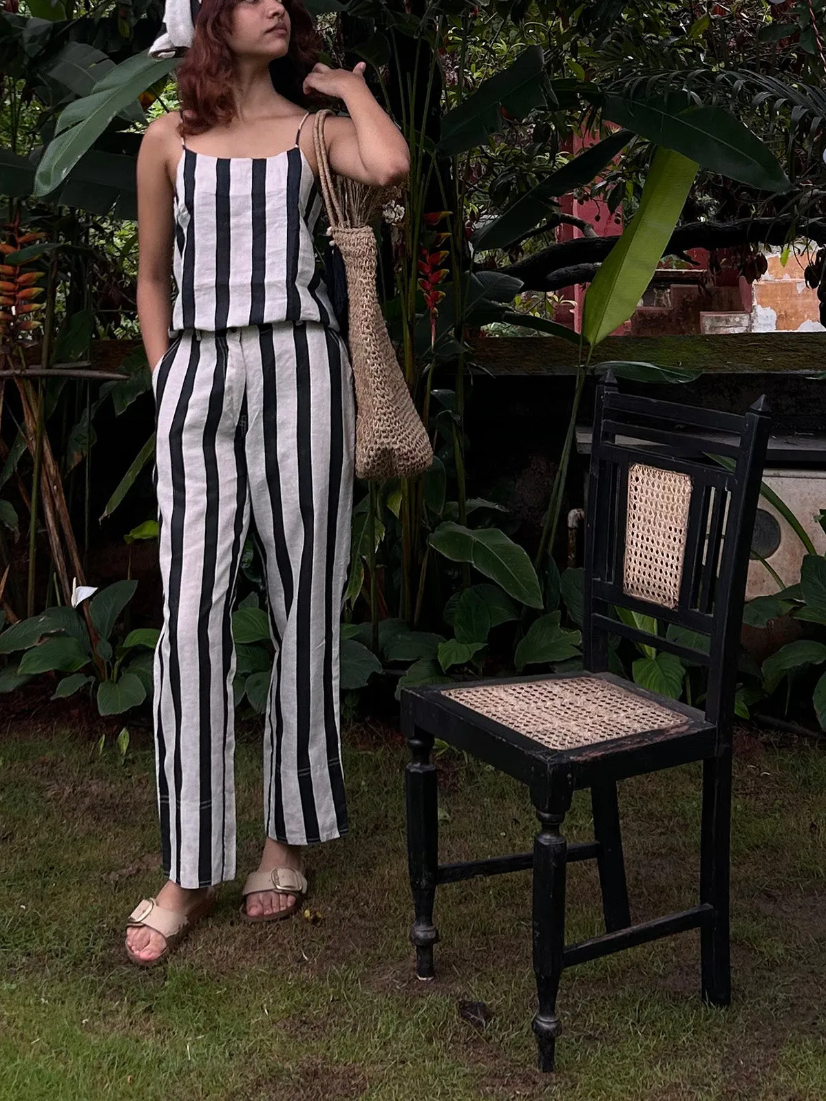 Stripe Dona Strap Top Black