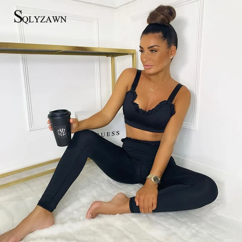 Summer Pink Ruffles Fitness Tracksuit Sleeveless Crop Top and Joggers Two Piece Sets Outfits Black Skinny Casual Active Wear