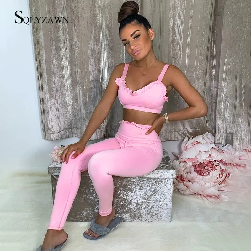 Summer Pink Ruffles Fitness Tracksuit Sleeveless Crop Top and Joggers Two Piece Sets Outfits Black Skinny Casual Active Wear