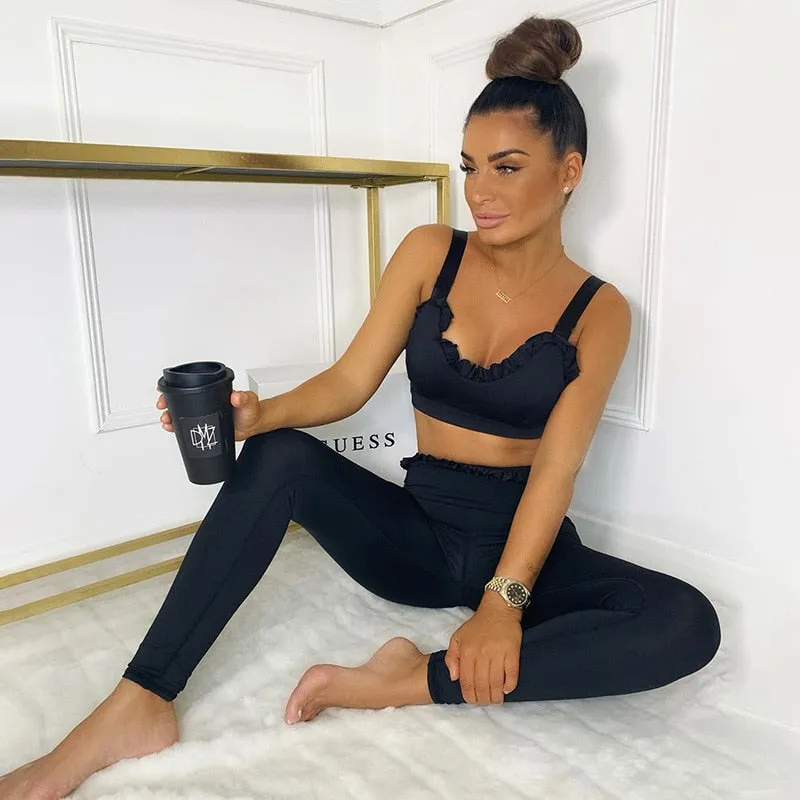 Summer Pink Ruffles Fitness Tracksuit Sleeveless Crop Top and Joggers Two Piece Sets Outfits Black Skinny Casual Active Wear