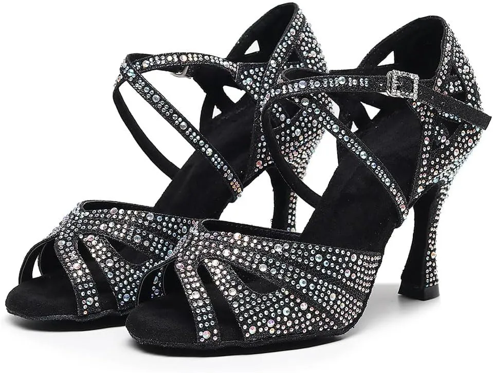 SWDZM Women Rhinestone Ballroom Dance Shoes Latin Salsa Performance Dance Shoes,Model QJW-Z011