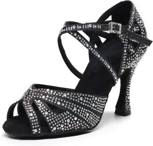 SWDZM Women Rhinestone Ballroom Dance Shoes Latin Salsa Performance Dance Shoes,Model QJW-Z011