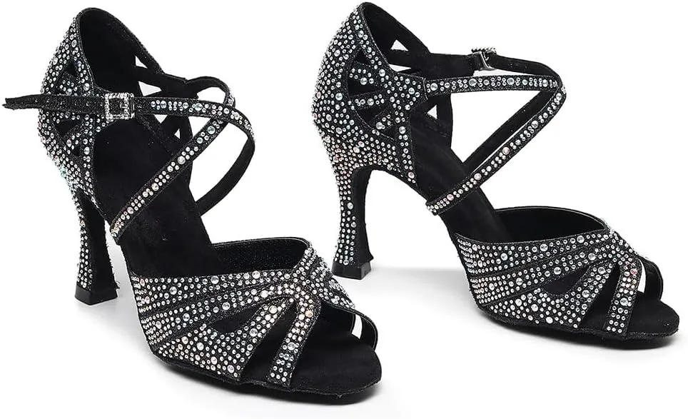 SWDZM Women Rhinestone Ballroom Dance Shoes Latin Salsa Performance Dance Shoes,Model QJW-Z011