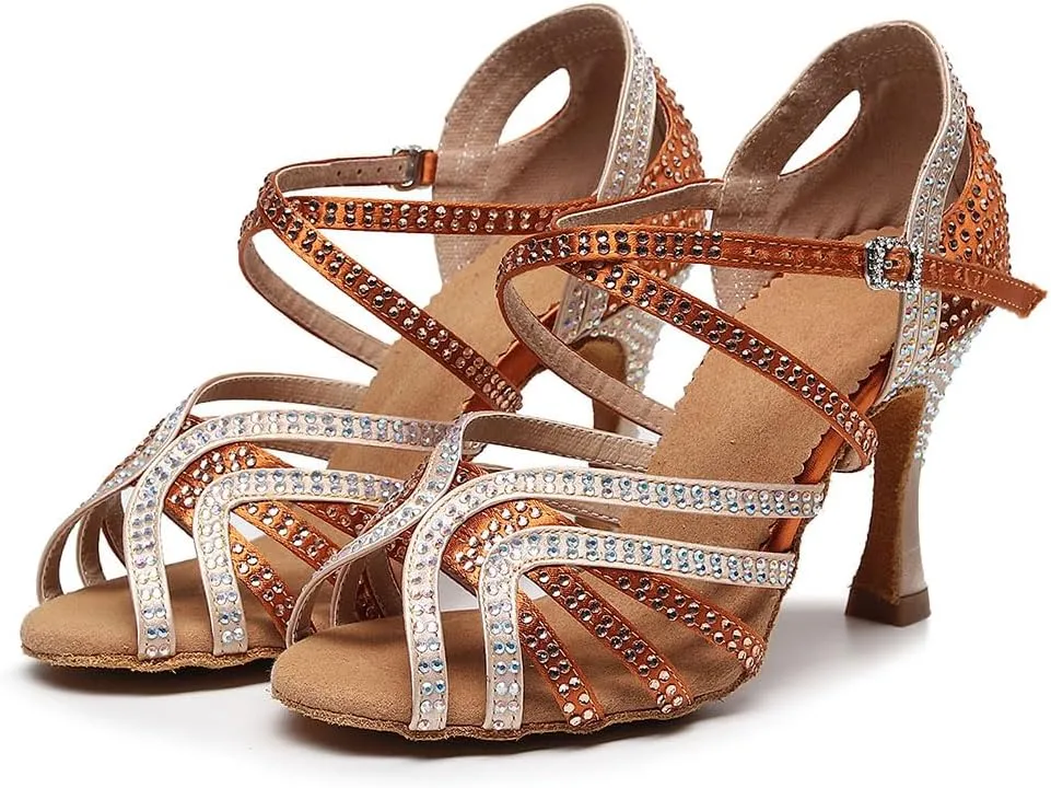 SWDZM Women Rhinestone Ballroom Dance Shoes Latin Salsa Performance Dance Shoes,Model QJW-Z011