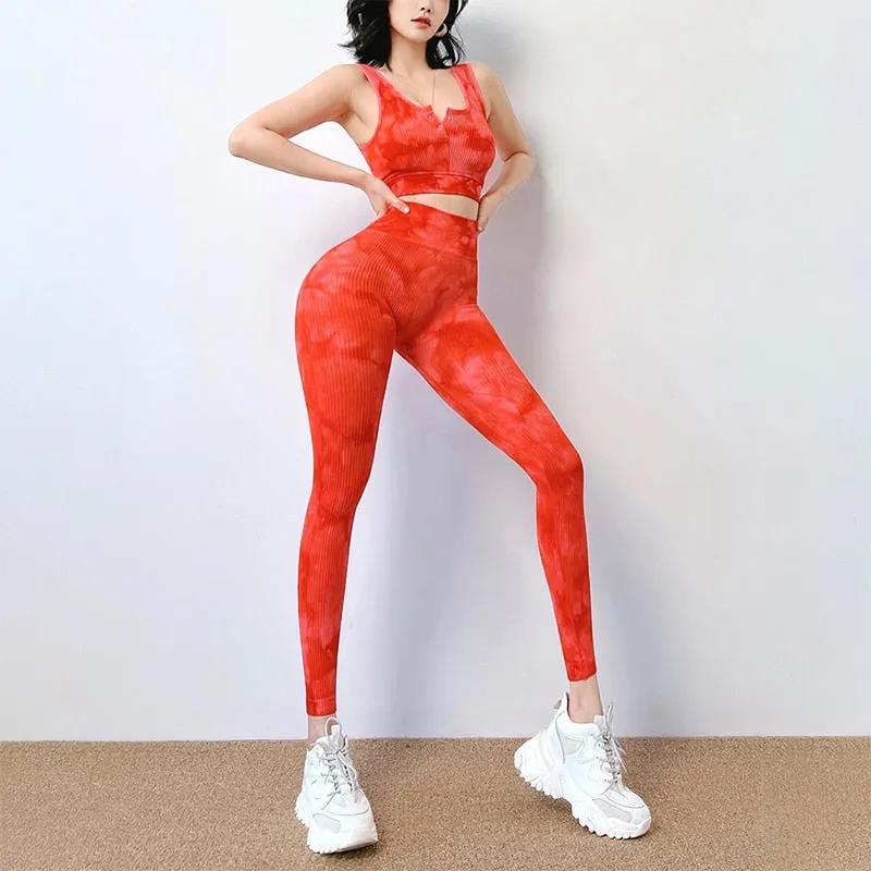 Tie Dye Yoga Suit Sports Set Women Ribbed