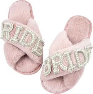 VOPHIA Bride Fuzzy Slippers - Cross Band Soft Wedding Slippers for Bridal Shower