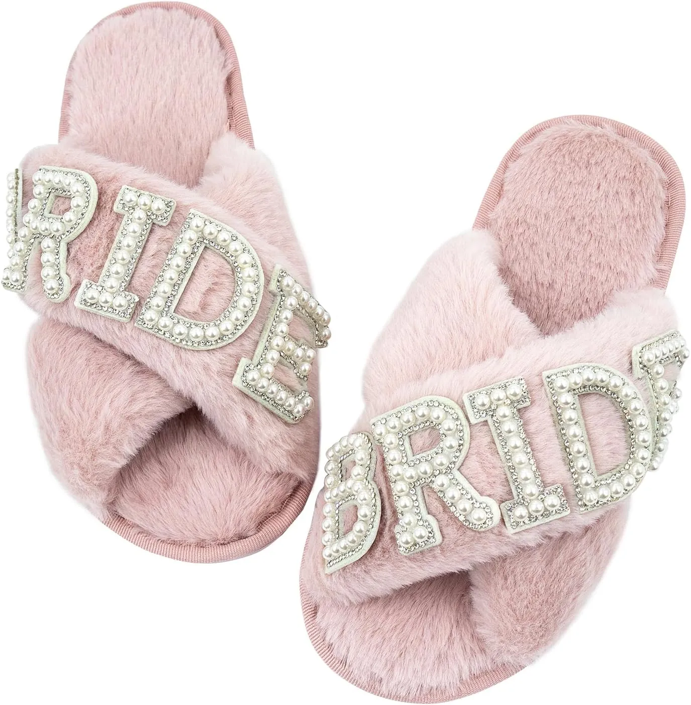 VOPHIA Bride Fuzzy Slippers - Cross Band Soft Wedding Slippers for Bridal Shower