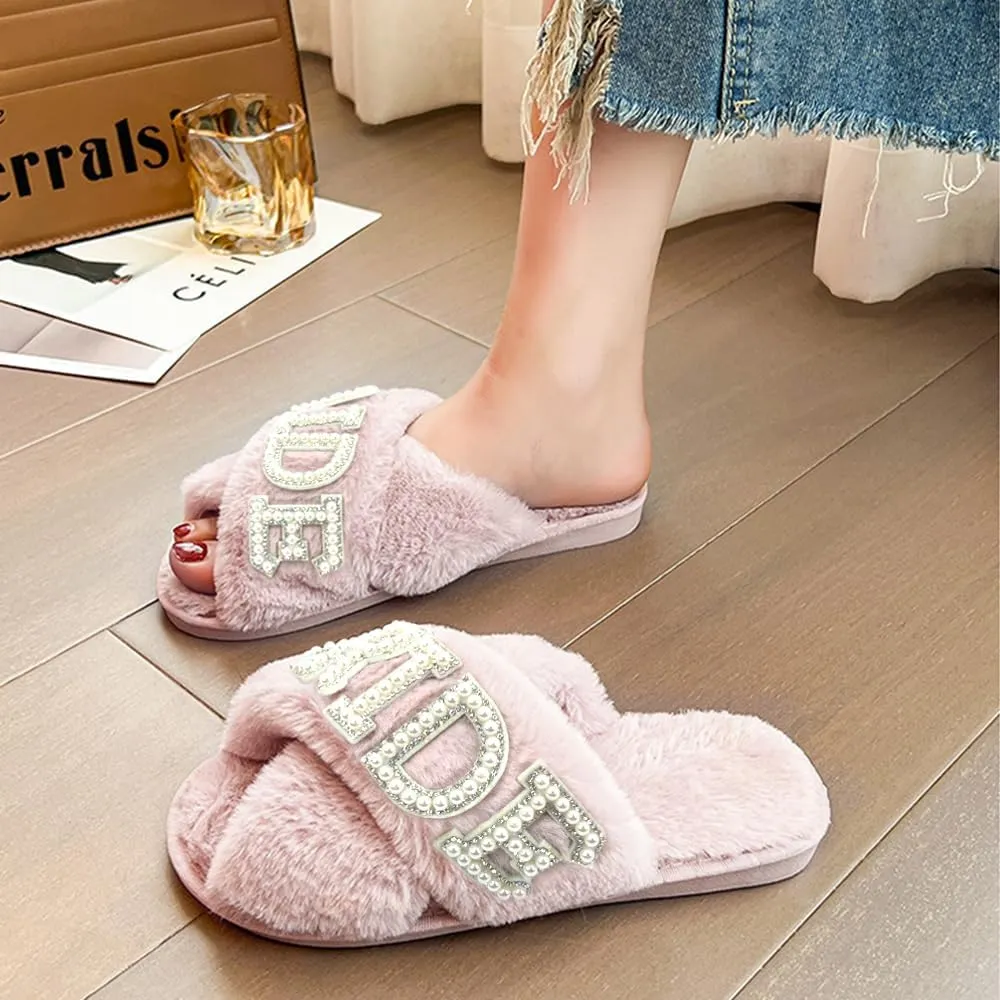 VOPHIA Bride Fuzzy Slippers - Cross Band Soft Wedding Slippers for Bridal Shower