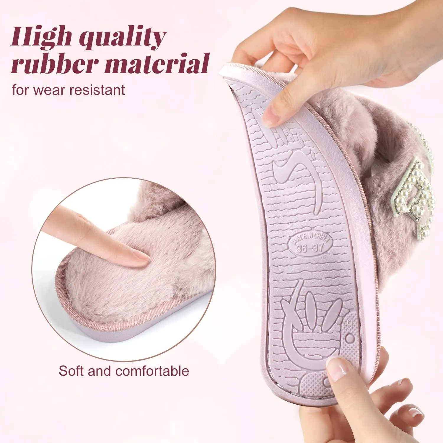 VOPHIA Bride Fuzzy Slippers - Cross Band Soft Wedding Slippers for Bridal Shower