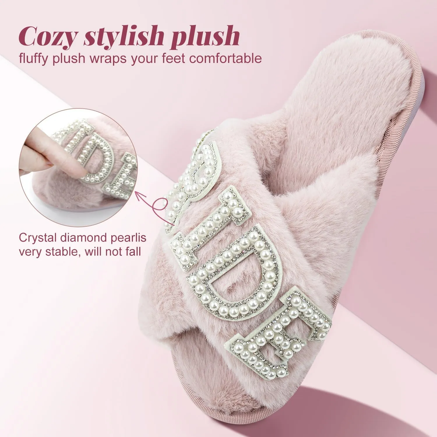 VOPHIA Bride Fuzzy Slippers - Cross Band Soft Wedding Slippers for Bridal Shower