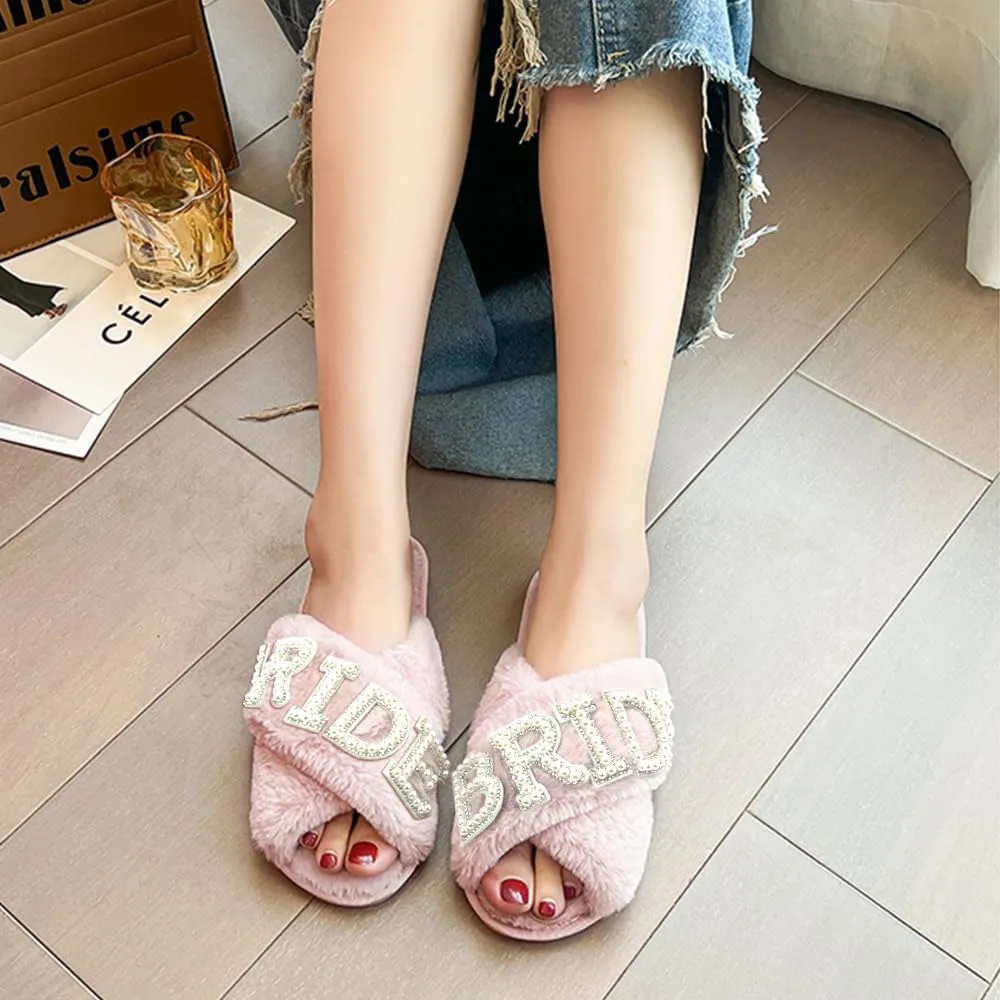VOPHIA Bride Fuzzy Slippers - Cross Band Soft Wedding Slippers for Bridal Shower