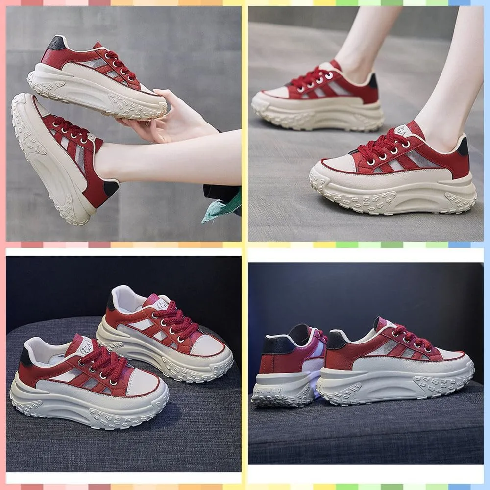 Women's Chunky Platform Sneakers  Breathable Mesh & Leather, Lace-Up Walking Shoes, Shock-Absorbing, Non-Slip, Fashion Trainers for Running, Gym, Daily Wear
