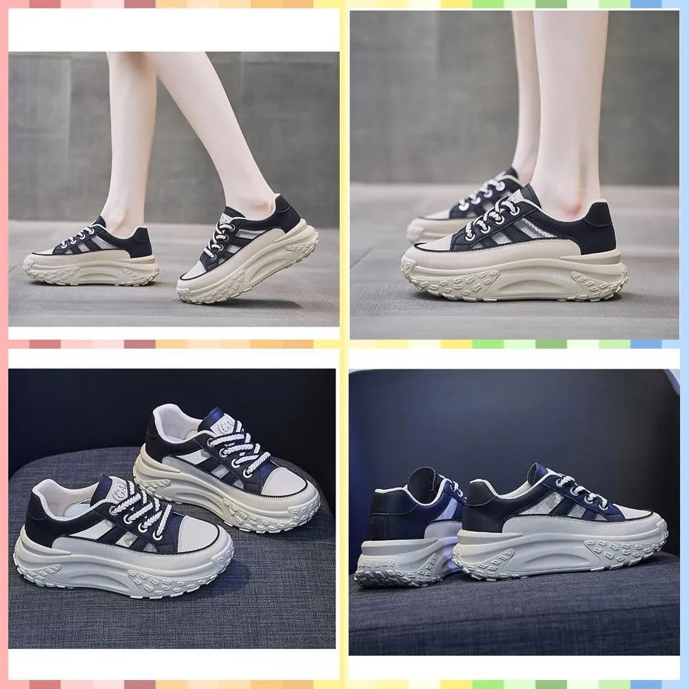 Women's Chunky Platform Sneakers  Breathable Mesh & Leather, Lace-Up Walking Shoes, Shock-Absorbing, Non-Slip, Fashion Trainers for Running, Gym, Daily Wear