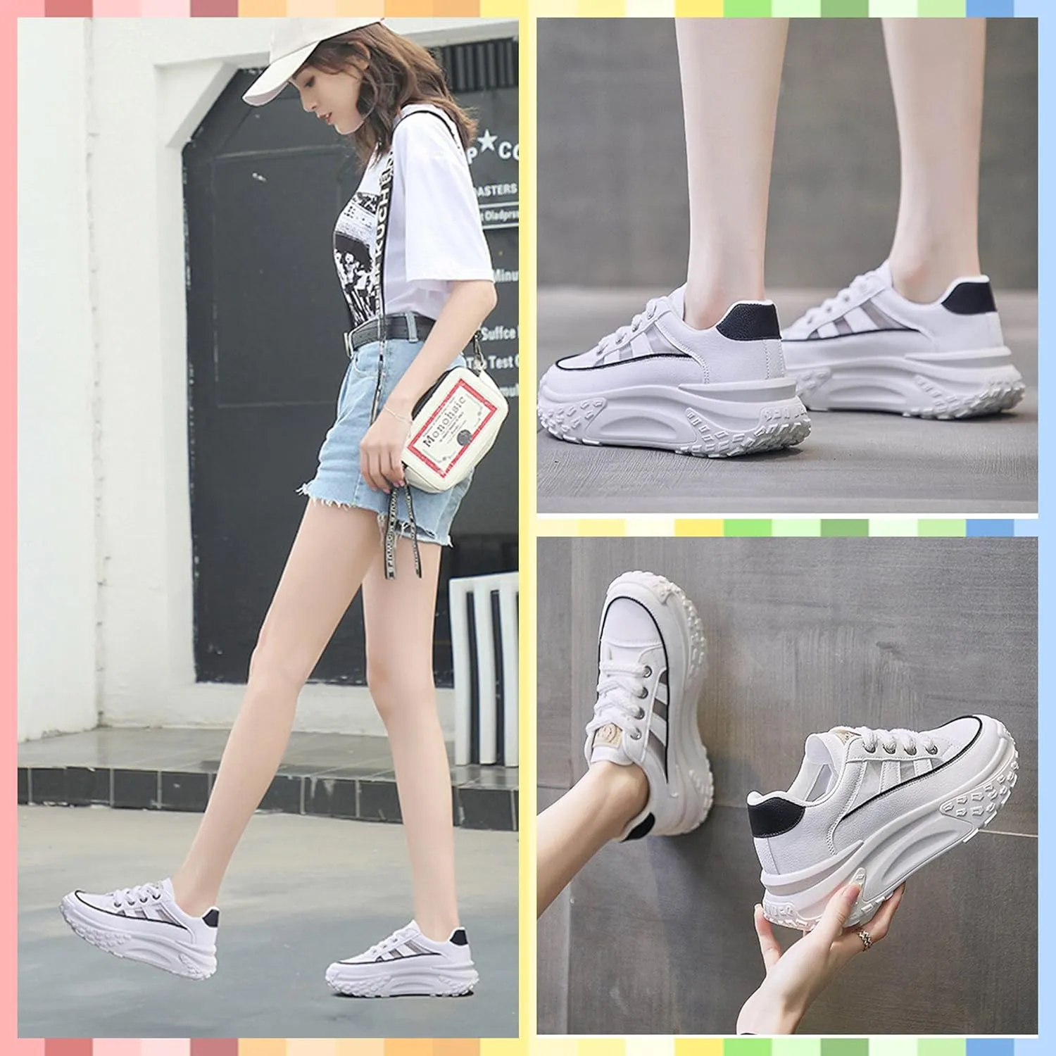 Women's Chunky Platform Sneakers  Breathable Mesh & Leather, Lace-Up Walking Shoes, Shock-Absorbing, Non-Slip, Fashion Trainers for Running, Gym, Daily Wear
