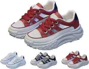 Women's Chunky Platform Sneakers  Breathable Mesh & Leather, Lace-Up Walking Shoes, Shock-Absorbing, Non-Slip, Fashion Trainers for Running, Gym, Daily Wear