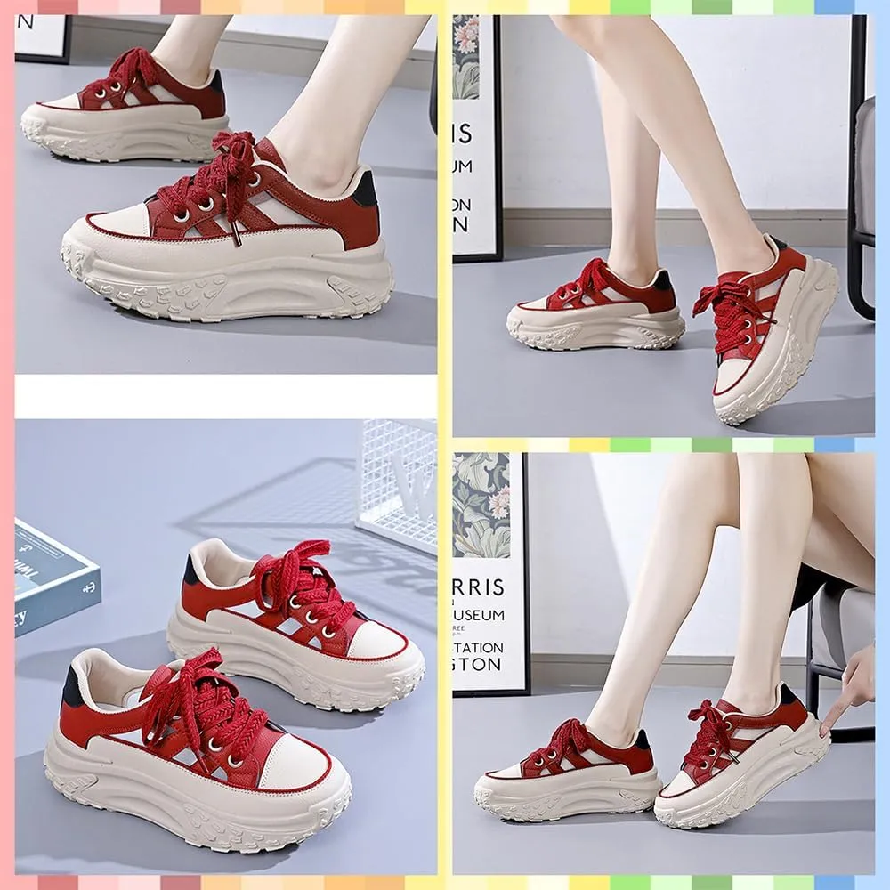 Women's Chunky Platform Sneakers  Breathable Mesh & Leather, Lace-Up Walking Shoes, Shock-Absorbing, Non-Slip, Fashion Trainers for Running, Gym, Daily Wear