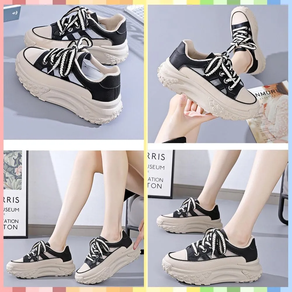 Women's Chunky Platform Sneakers  Breathable Mesh & Leather, Lace-Up Walking Shoes, Shock-Absorbing, Non-Slip, Fashion Trainers for Running, Gym, Daily Wear