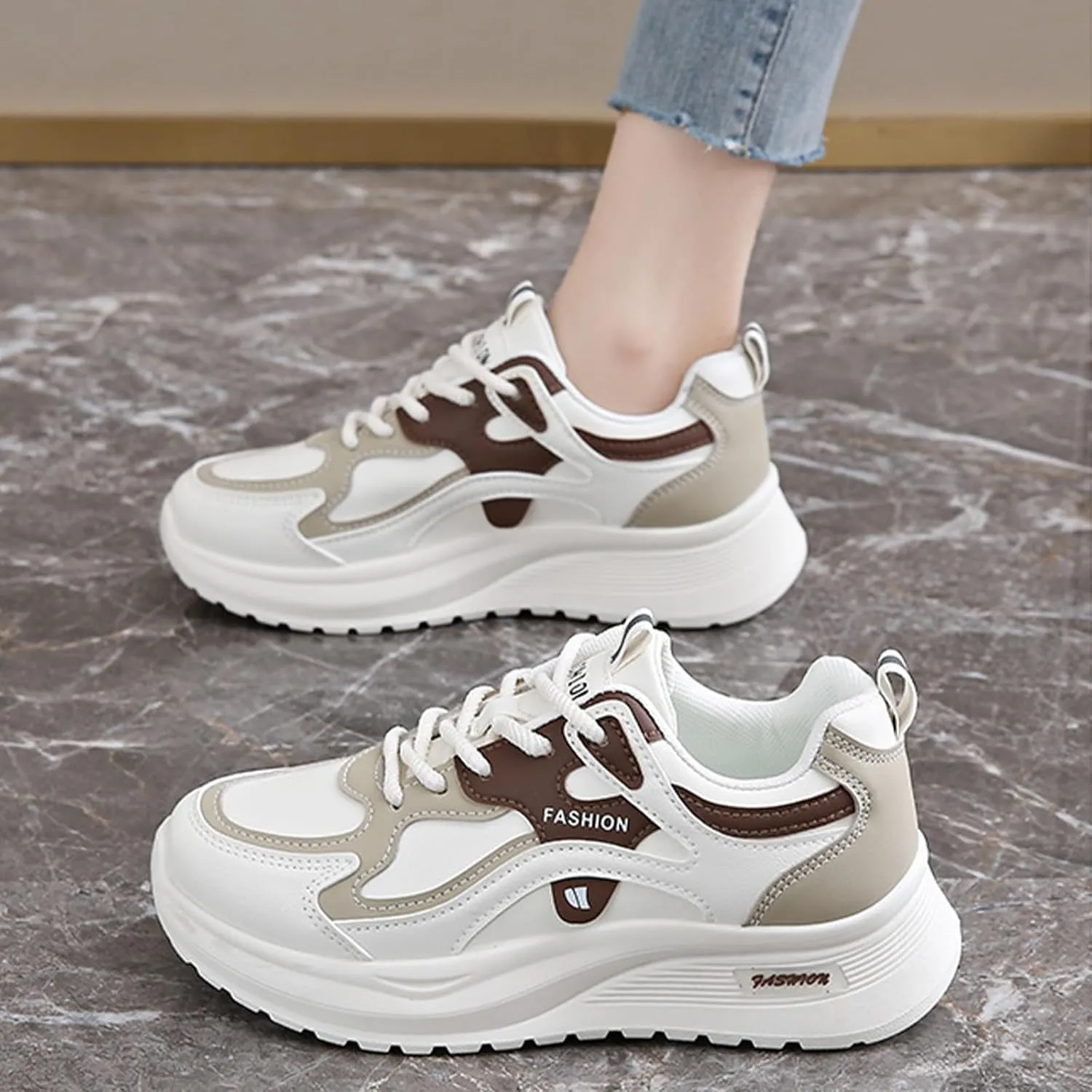 Womens Fashion Lace-Up Leather Platform Chunky Sneakers Round Toe Non-Slip Casual Sport Shoes for Walking Workout Driving