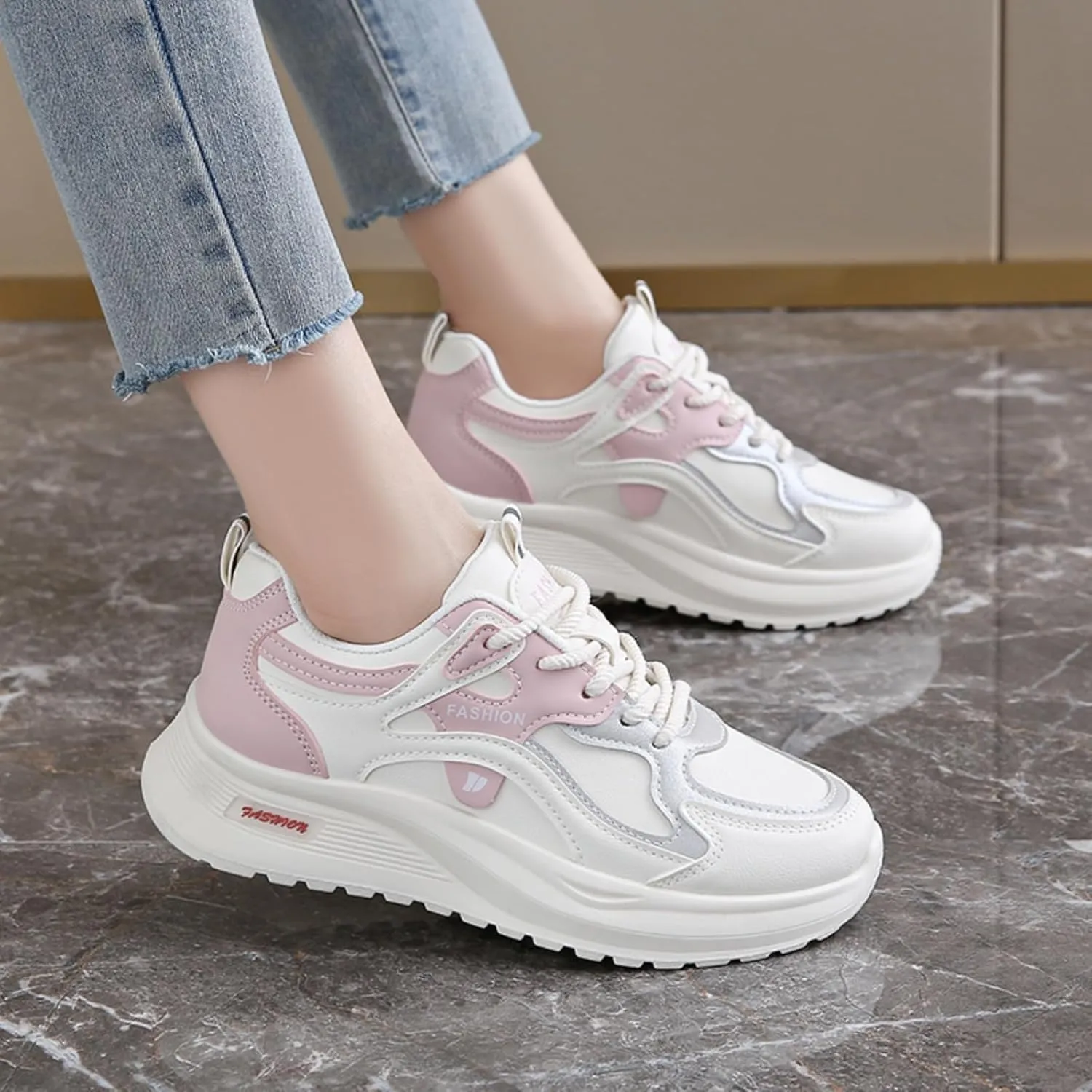 Womens Fashion Lace-Up Leather Platform Chunky Sneakers Round Toe Non-Slip Casual Sport Shoes for Walking Workout Driving