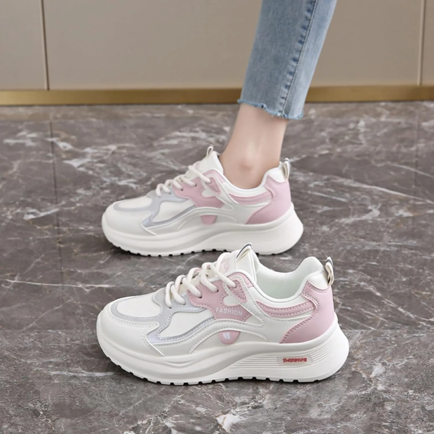 Womens Fashion Lace-Up Leather Platform Chunky Sneakers Round Toe Non-Slip Casual Sport Shoes for Walking Workout Driving
