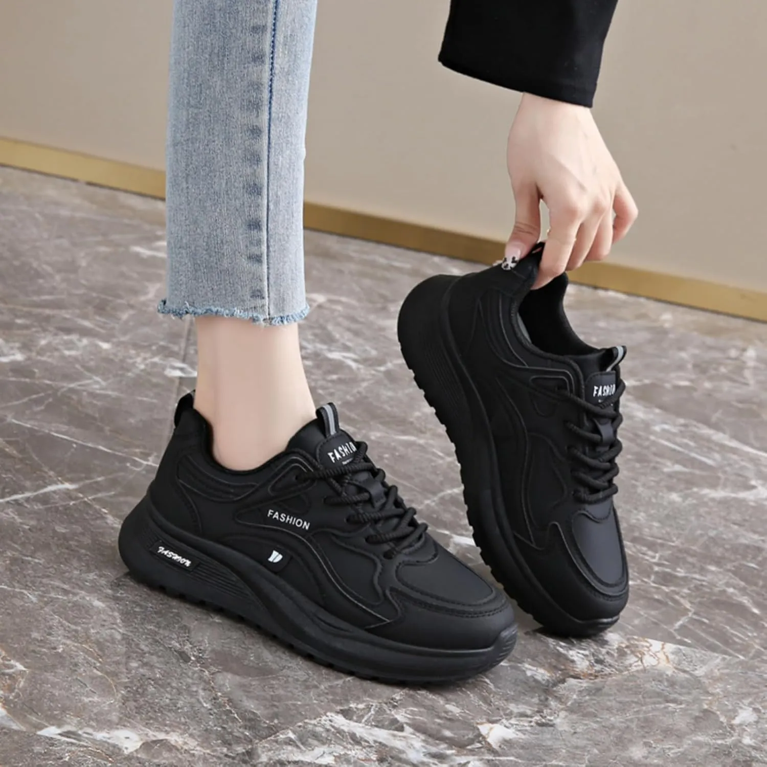Womens Fashion Lace-Up Leather Platform Chunky Sneakers Round Toe Non-Slip Casual Sport Shoes for Walking Workout Driving