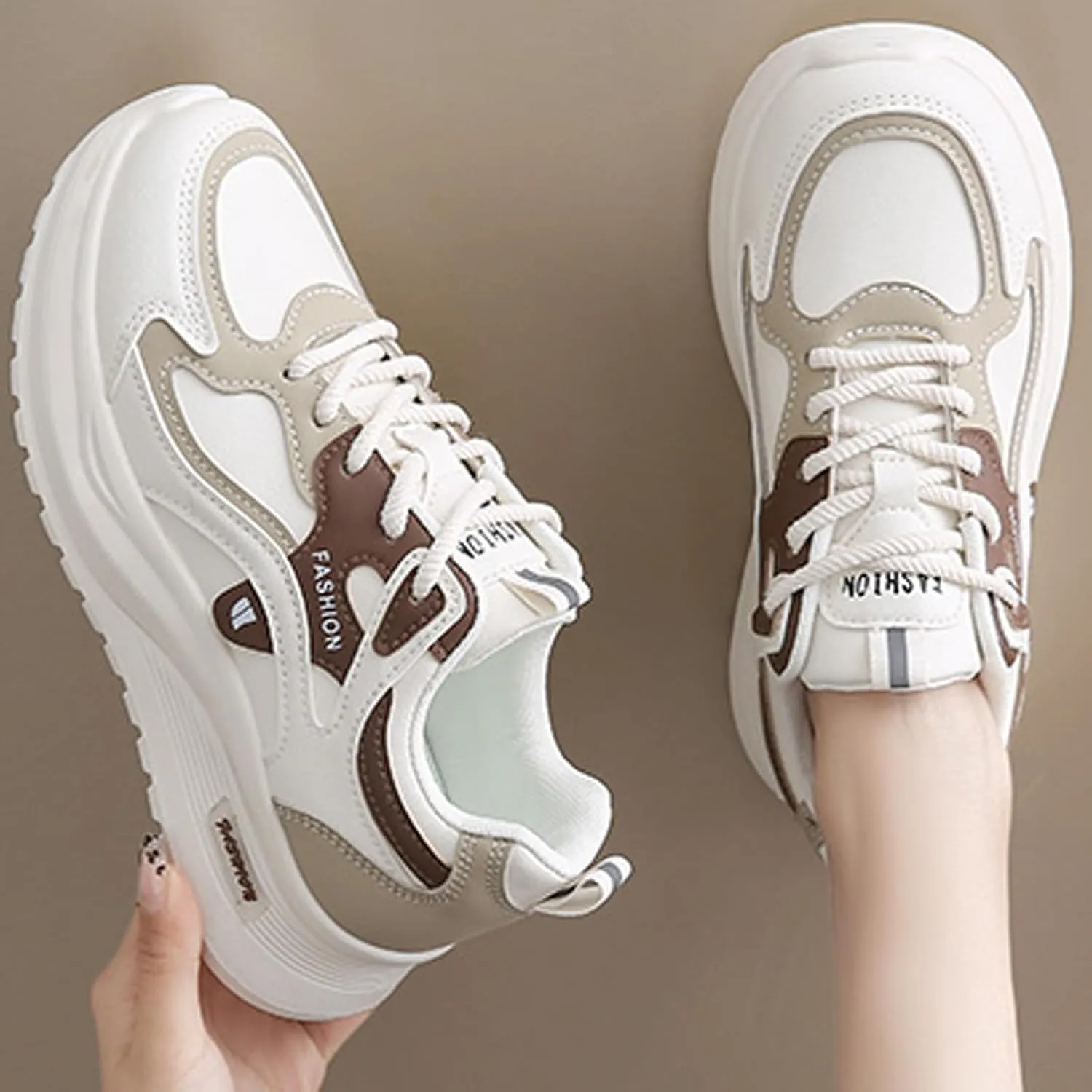 Womens Fashion Lace-Up Leather Platform Chunky Sneakers Round Toe Non-Slip Casual Sport Shoes for Walking Workout Driving