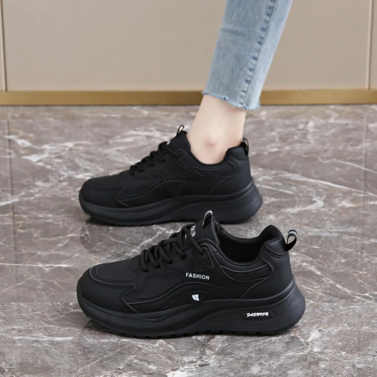 Womens Fashion Lace-Up Leather Platform Chunky Sneakers Round Toe Non-Slip Casual Sport Shoes for Walking Workout Driving