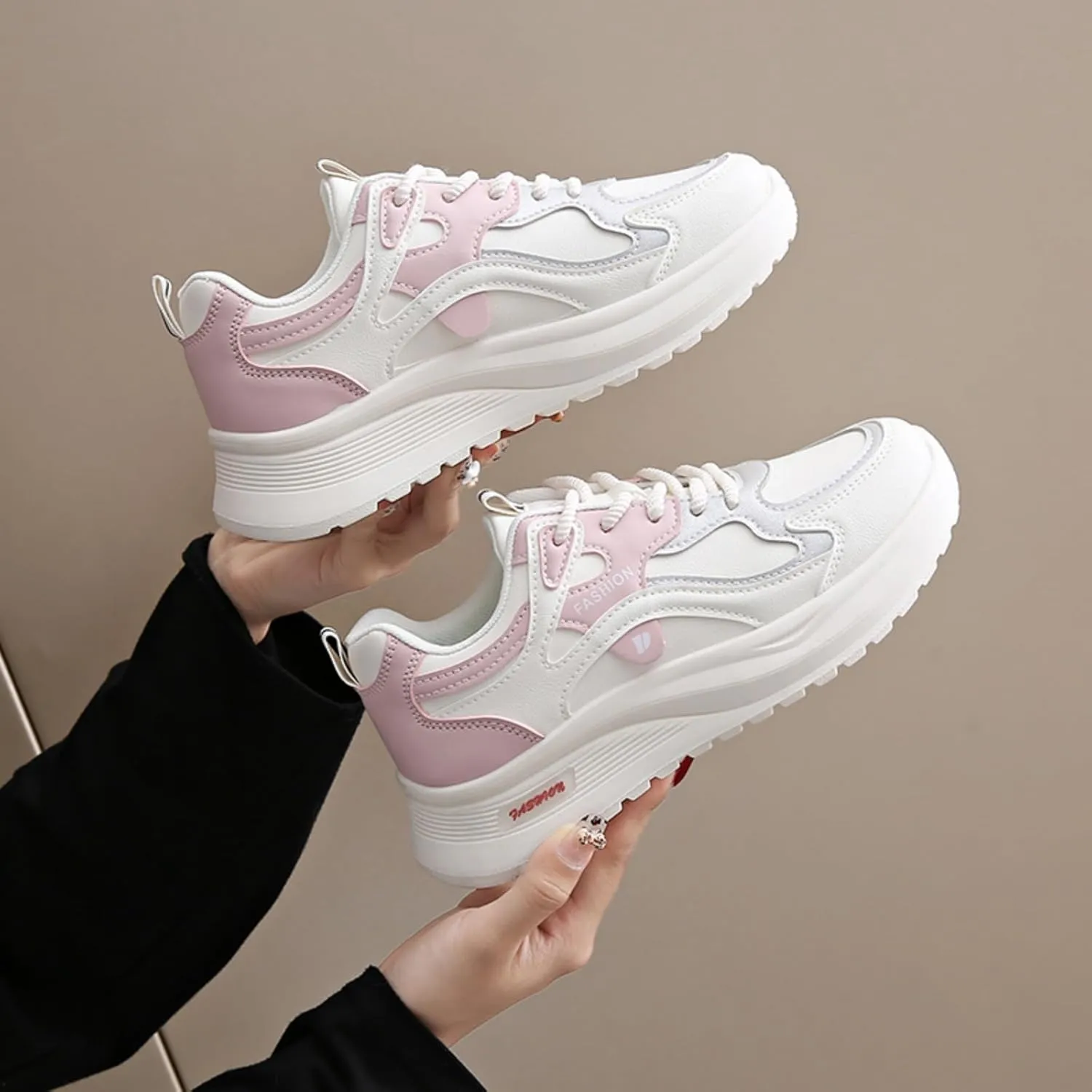 Womens Fashion Lace-Up Leather Platform Chunky Sneakers Round Toe Non-Slip Casual Sport Shoes for Walking Workout Driving