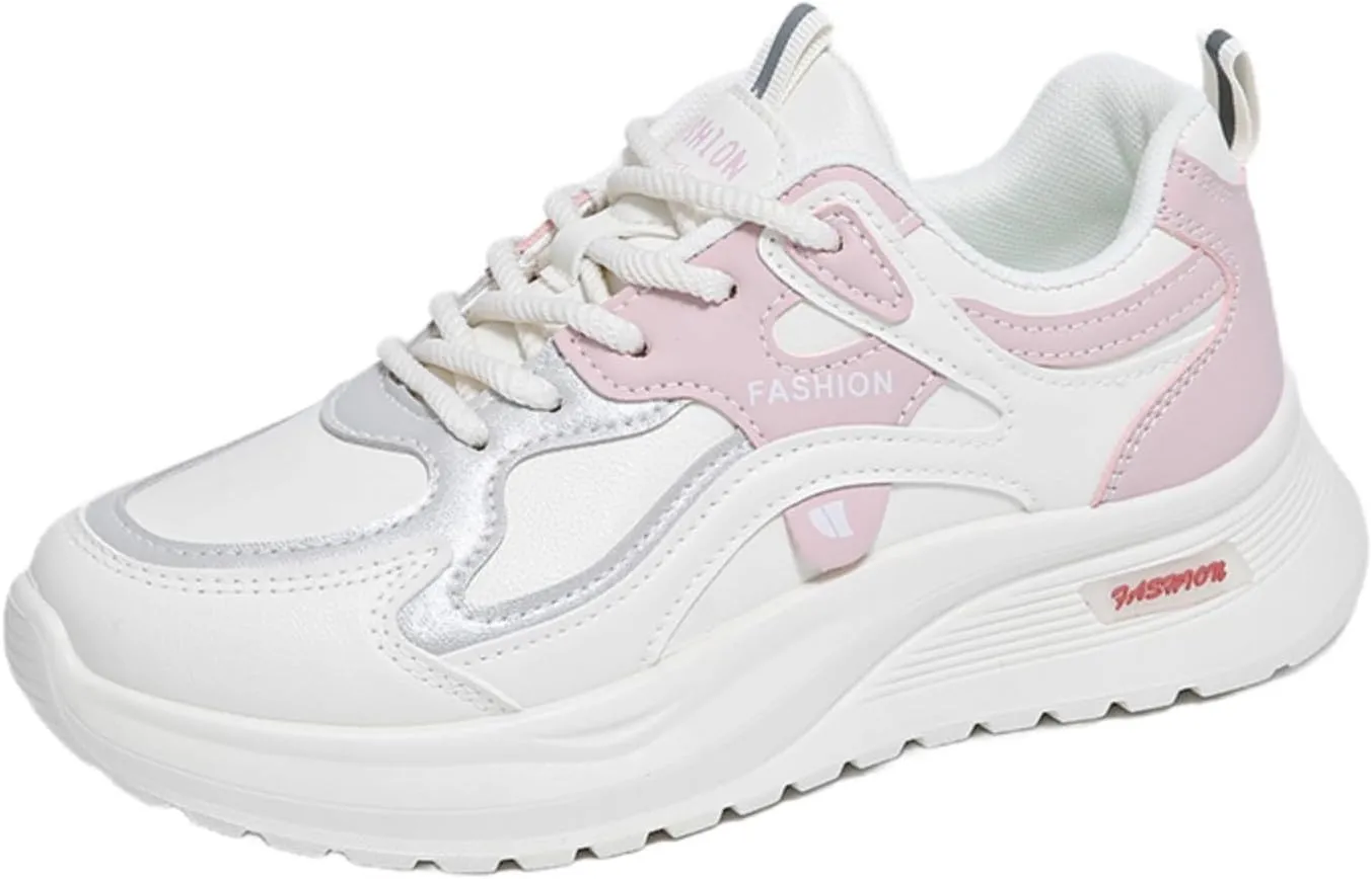 Womens Fashion Lace-Up Leather Platform Chunky Sneakers Round Toe Non-Slip Casual Sport Shoes for Walking Workout Driving