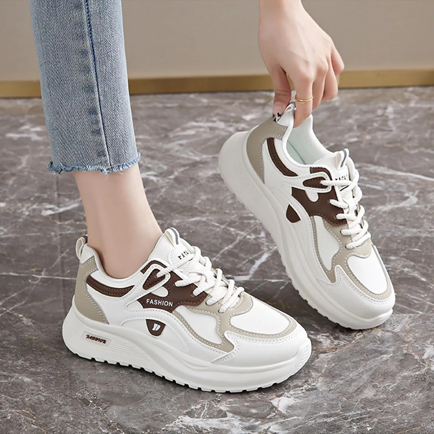 Womens Fashion Lace-Up Leather Platform Chunky Sneakers Round Toe Non-Slip Casual Sport Shoes for Walking Workout Driving