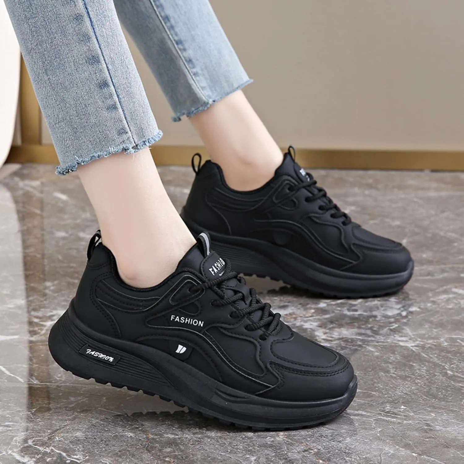 Womens Fashion Lace-Up Leather Platform Chunky Sneakers Round Toe Non-Slip Casual Sport Shoes for Walking Workout Driving