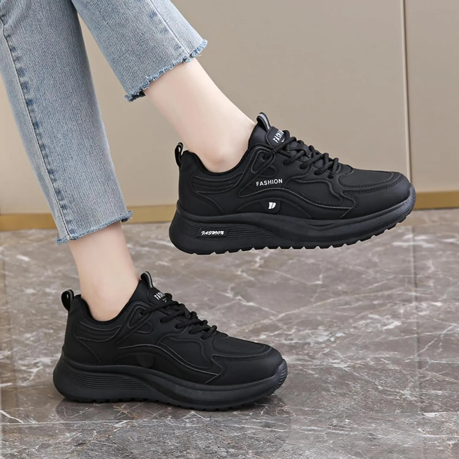 Womens Fashion Lace-Up Leather Platform Chunky Sneakers Round Toe Non-Slip Casual Sport Shoes for Walking Workout Driving