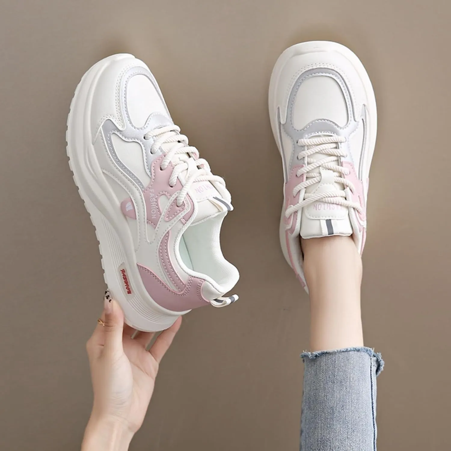 Womens Fashion Lace-Up Leather Platform Chunky Sneakers Round Toe Non-Slip Casual Sport Shoes for Walking Workout Driving
