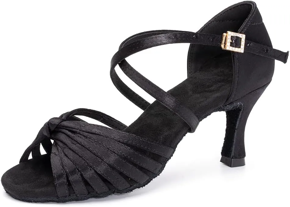 Women's Latin Dance Shoes Satin Professional Ballroom Salsa Practice Performance Dance Shoes, LP1219ZS-Black-7,US 8