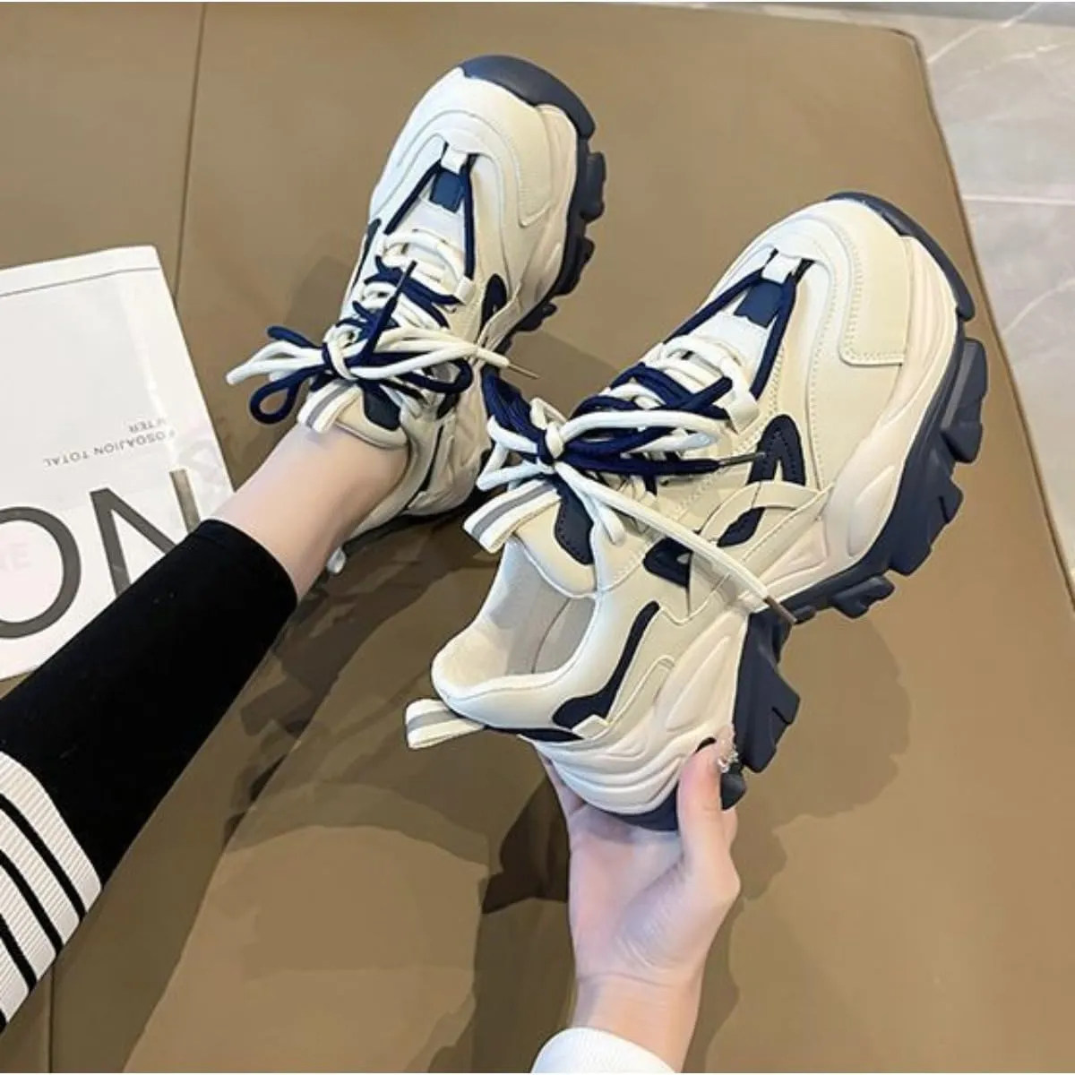 Women's Navy Blue & White Chunky Dad Sneakers - 2 Inches Platform Sole Fashion Athletic Shoes - Retro Thick Soled Walking Shoes