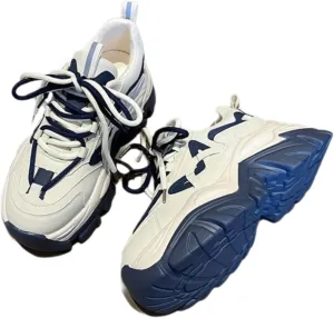 Women's Navy Blue & White Chunky Dad Sneakers - 2 Inches Platform Sole Fashion Athletic Shoes - Retro Thick Soled Walking Shoes