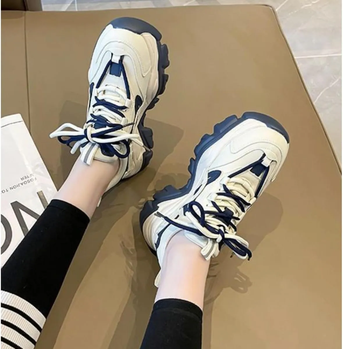 Women's Navy Blue & White Chunky Dad Sneakers - 2 Inches Platform Sole Fashion Athletic Shoes - Retro Thick Soled Walking Shoes