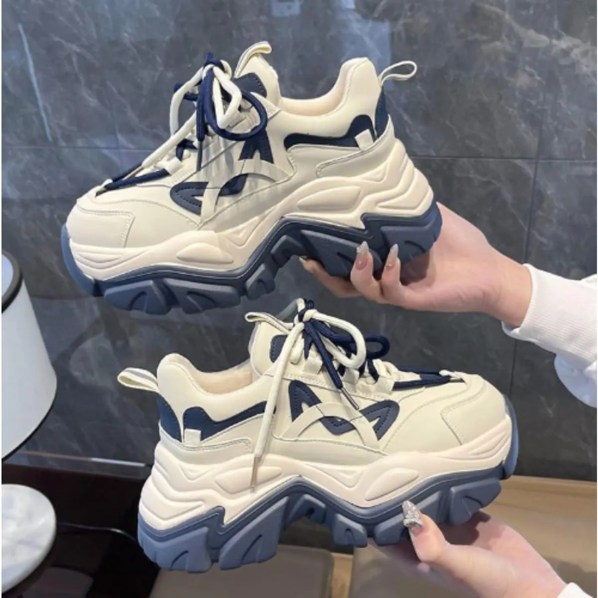 Women's Navy Blue & White Chunky Dad Sneakers - 2 Inches Platform Sole Fashion Athletic Shoes - Retro Thick Soled Walking Shoes