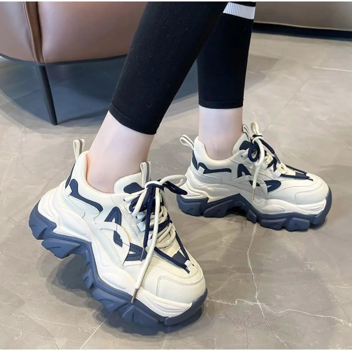 Women's Navy Blue & White Chunky Dad Sneakers - 2 Inches Platform Sole Fashion Athletic Shoes - Retro Thick Soled Walking Shoes