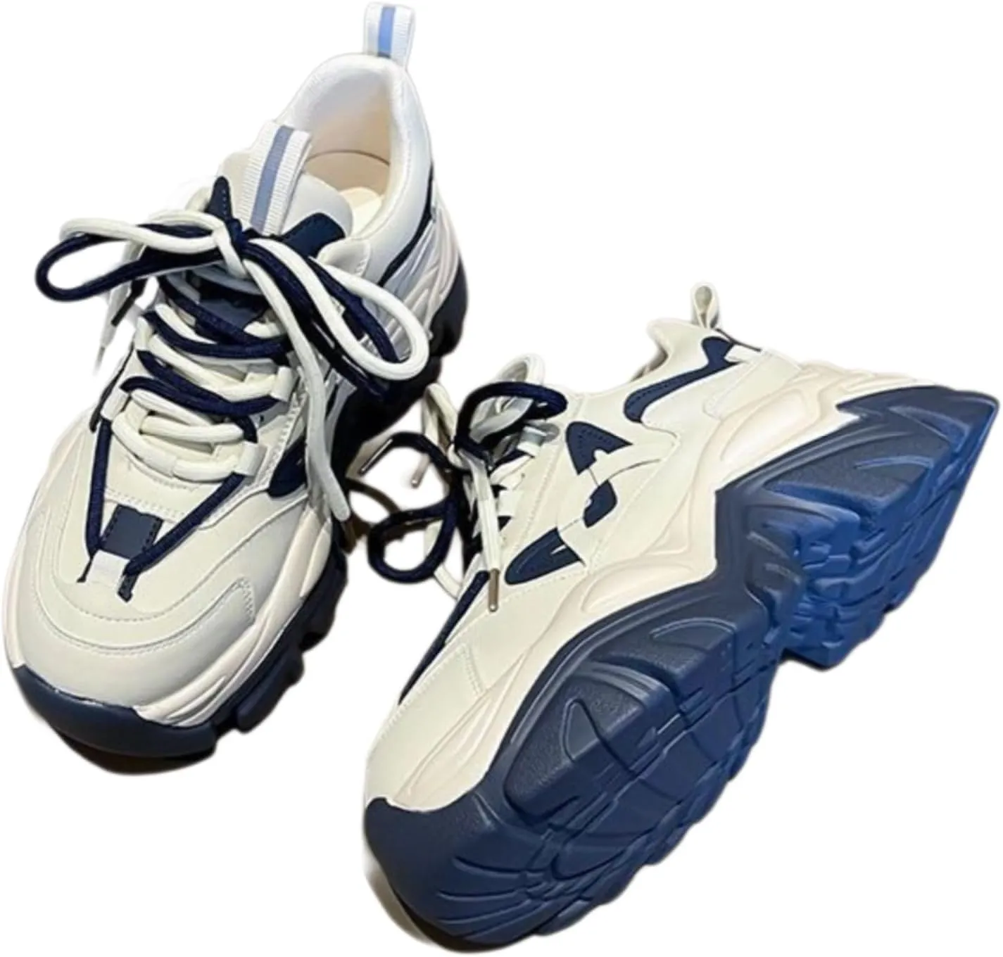 Women's Navy Blue & White Chunky Dad Sneakers - 2 Inches Platform Sole Fashion Athletic Shoes - Retro Thick Soled Walking Shoes