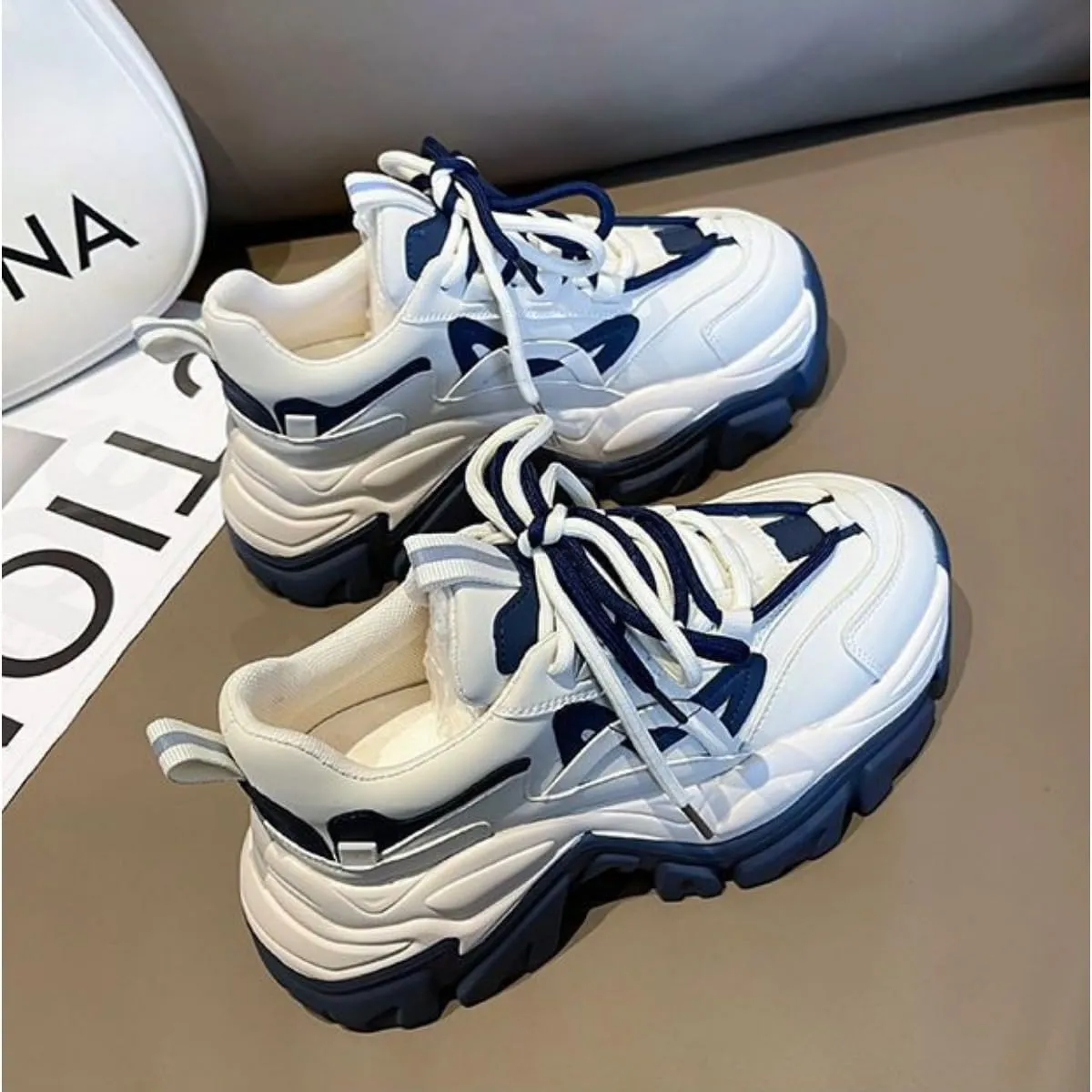 Women's Navy Blue & White Chunky Dad Sneakers - 2 Inches Platform Sole Fashion Athletic Shoes - Retro Thick Soled Walking Shoes