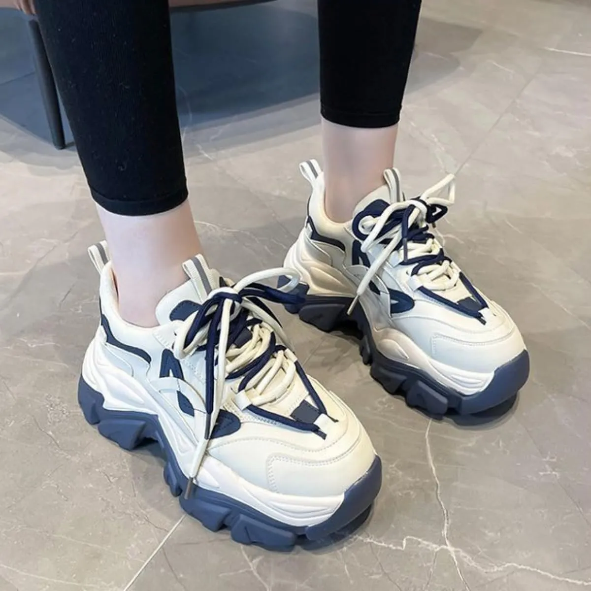 Women's Navy Blue & White Chunky Dad Sneakers - 2 Inches Platform Sole Fashion Athletic Shoes - Retro Thick Soled Walking Shoes