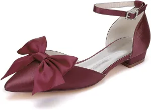 Women's Pointed Toe Flats Ankle Strap Ballet Flats with Bow Flat Bridal Shoes Evening Dress Pumps