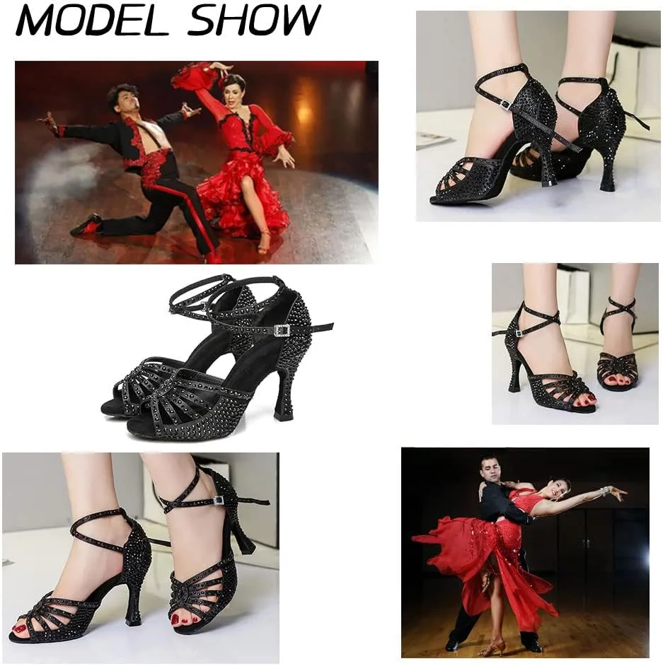 Womens Rhinestone Latin Ballroom Dance Shoes Professional Salsa Performance Bachata Glitter Dancing Shoes