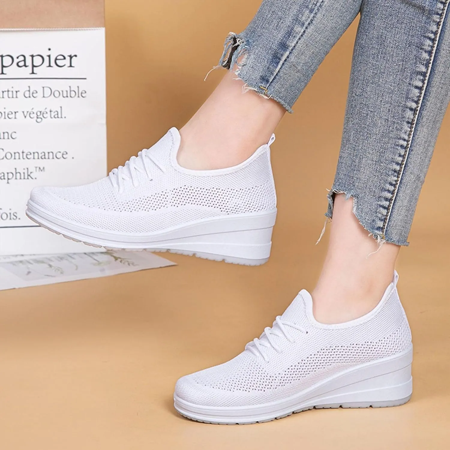 Womens Ultra-Light Stretchy Mesh Wedge Orthopedic Sneakers Comfor Lace Up Non Slip Hollow Out Increase Height Casual Walking Shoes for Outdoor Sport Travel Hiking