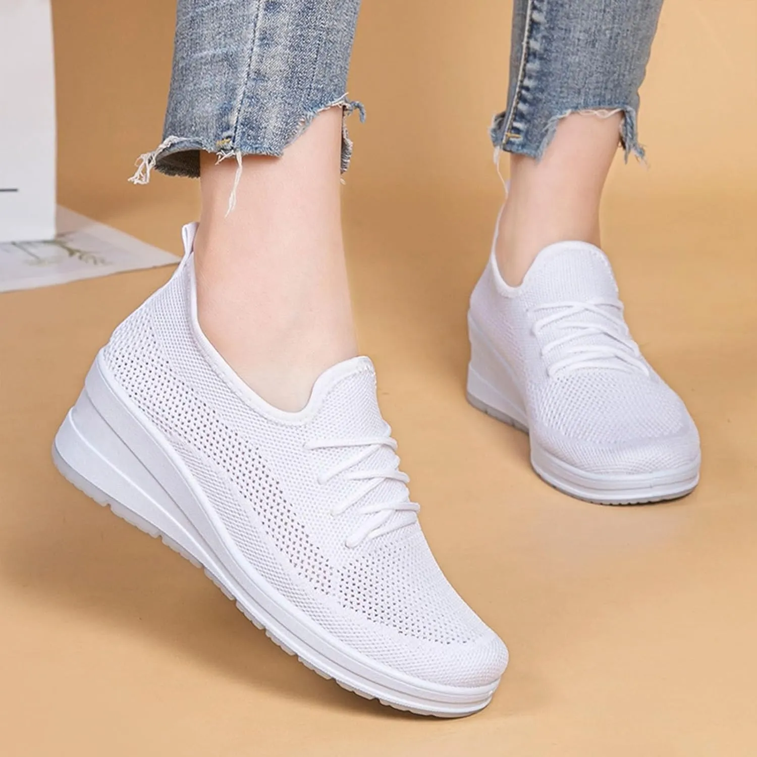 Womens Ultra-Light Stretchy Mesh Wedge Orthopedic Sneakers Comfor Lace Up Non Slip Hollow Out Increase Height Casual Walking Shoes for Outdoor Sport Travel Hiking