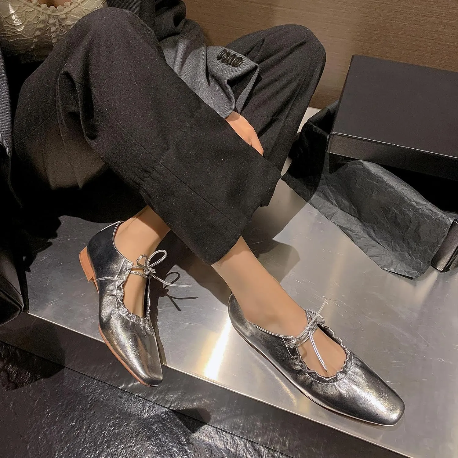 Wrinkled Leather Mary Jane Flats for Women,Pointed Toe Lace up Shallow Mouth Ballet Shoes,Metallic Fashion Retro Comfortable Party Work Daily Dress Mary Jane Ballerina Shoes