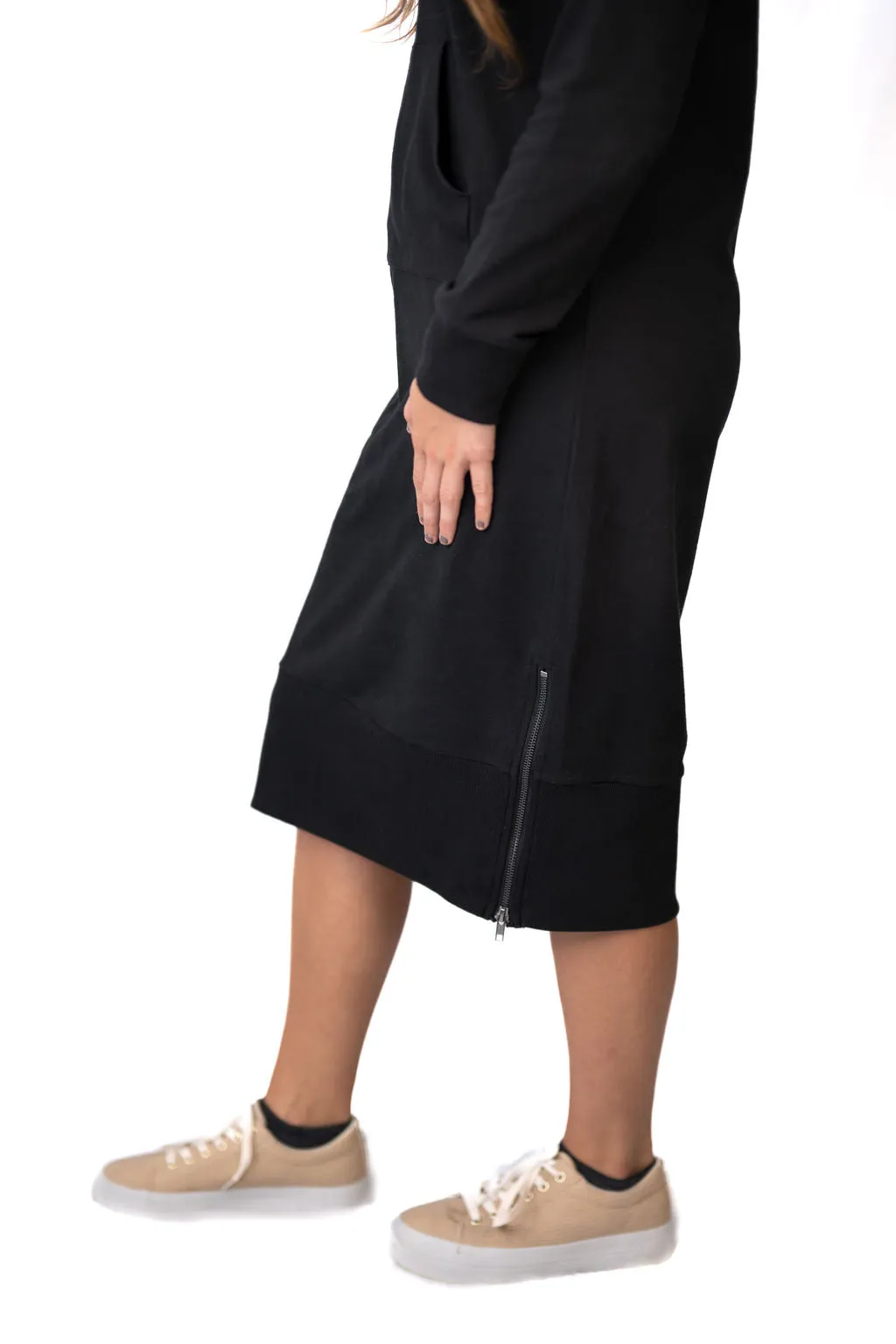 Zip Neck Sweatshirt Dress - Black